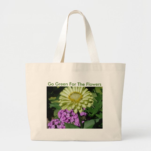 Bolsa Tote Grande Phlox&Zinnia, vai verde para as flores (Frente)