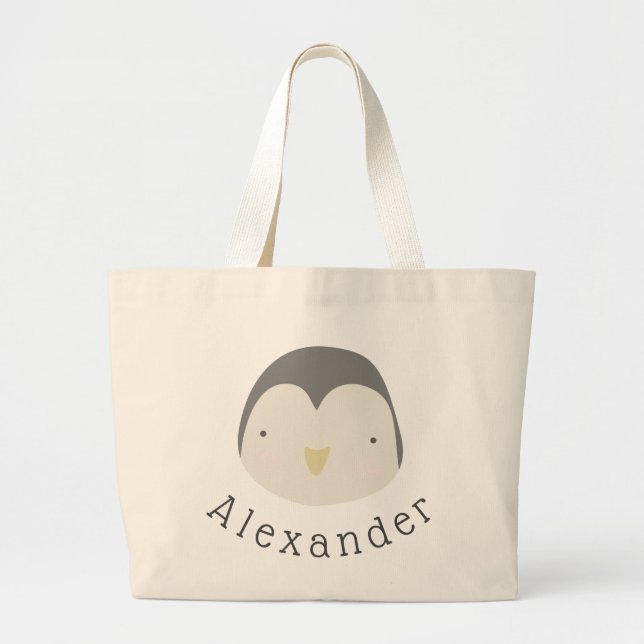 Bolsa Tote Grande Pinguim de Cute de Nome Personalizável (Frente)
