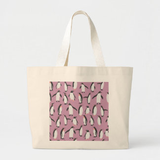 Bolsa Tote Grande Pinguins na neve no fundo roxo