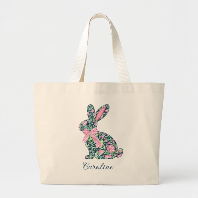 Bolsa Tote Grande Pink and Green Chinoiserie Bunny With Bow (Frente)