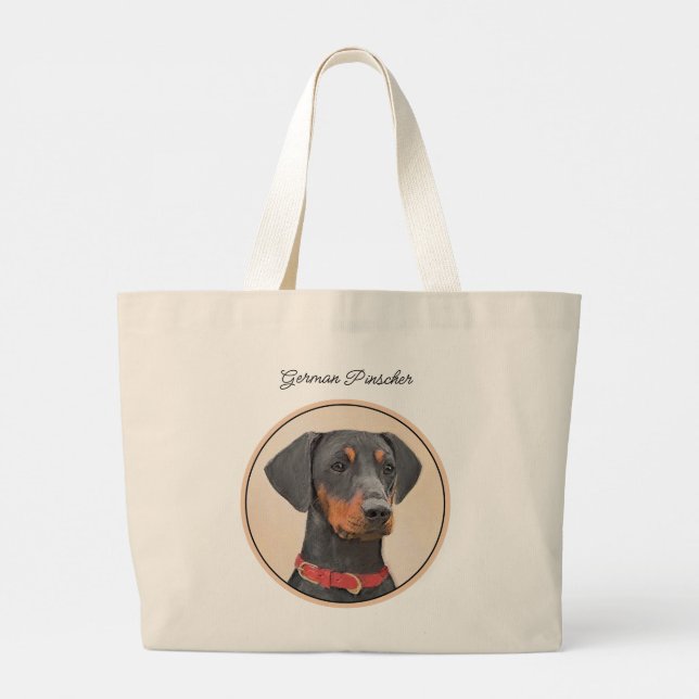 Bolsa Tote Grande Pinscher Alemão Pintando Arte Negra Original Para  (Verso)