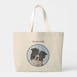 Bolsa Tote Grande Pintura de Collie de Borda em Arte Preta e Branca