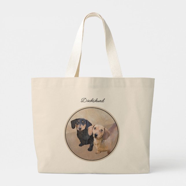 Bolsa Tote Grande Pintura De Dachshund Preta Suave E Arte Vermelha D (Verso)