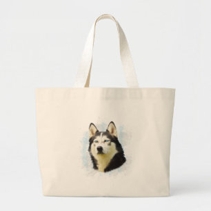 Bolsa Tote Grande Pintura em Aquarela de Cachorro Husky Siberiano
