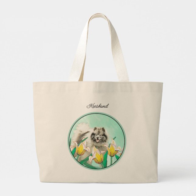 Bolsa Tote Grande Pintura Keeshond em Tulips — Arte Cachorra Origina (Verso)