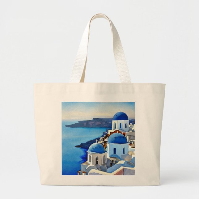 Bolsa Tote Grande Pintura por Aquarela da Grécia Santorini (Frente)