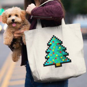 Bolsa Tote Grande Pixel art Árvore de Natal verde com decorações