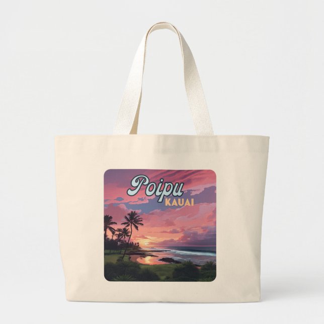 Bolsa Tote Grande Poipu Kauai Hawaii Beach Palm Trees Retro (Frente)