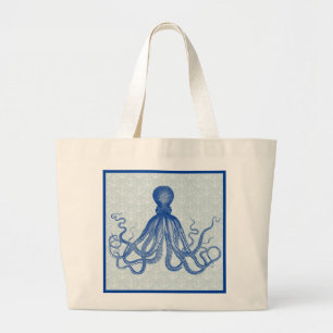 Bolsa Tote Grande Polvo azul do vintage com âncoras
