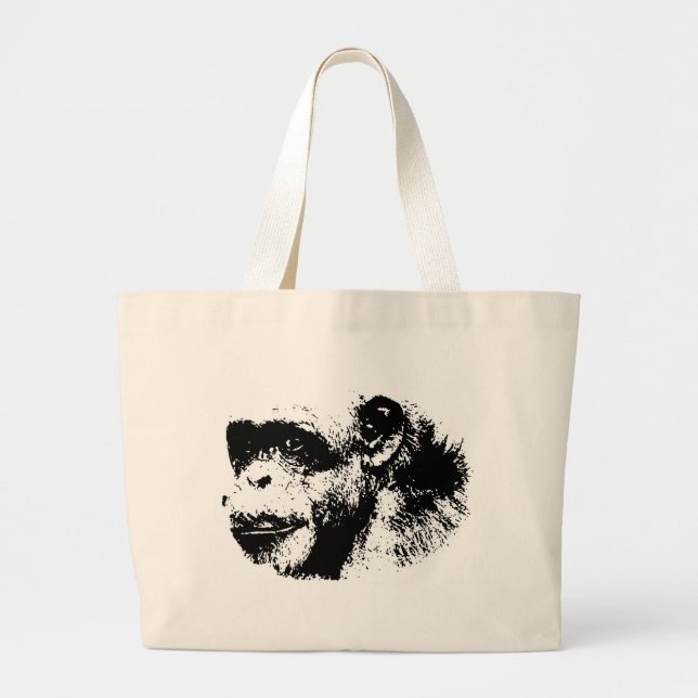 Bolsa Tote Grande Pop de arte em chimpanzé preto-e-branco (Frente)