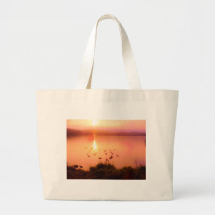 Bolsa Tote Grande Pôr do sol no lago rosa e pêssego