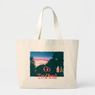 Bolsa Tote Grande Por do sol tropical e palmeiras