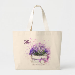 Bolsa Tote Grande Pote bonito de flores roxas. Feminino
