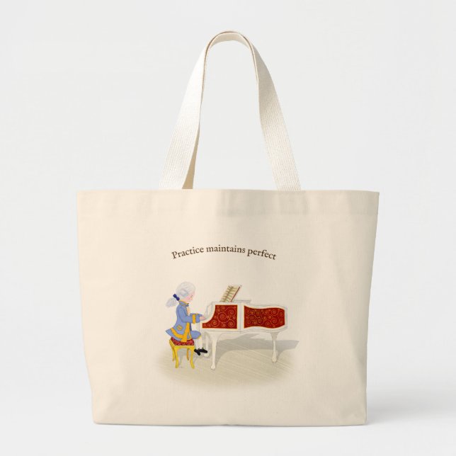 Bolsa Tote Grande "Prática Mantém Perfeito" Mozart Tocando Piano (Frente)