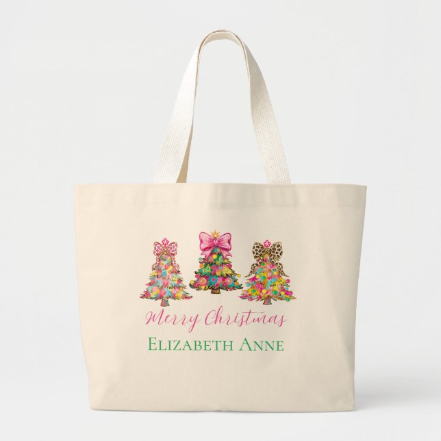 Bolsa Tote Grande Preppy Pink and Green Christmas Trees (Frente)