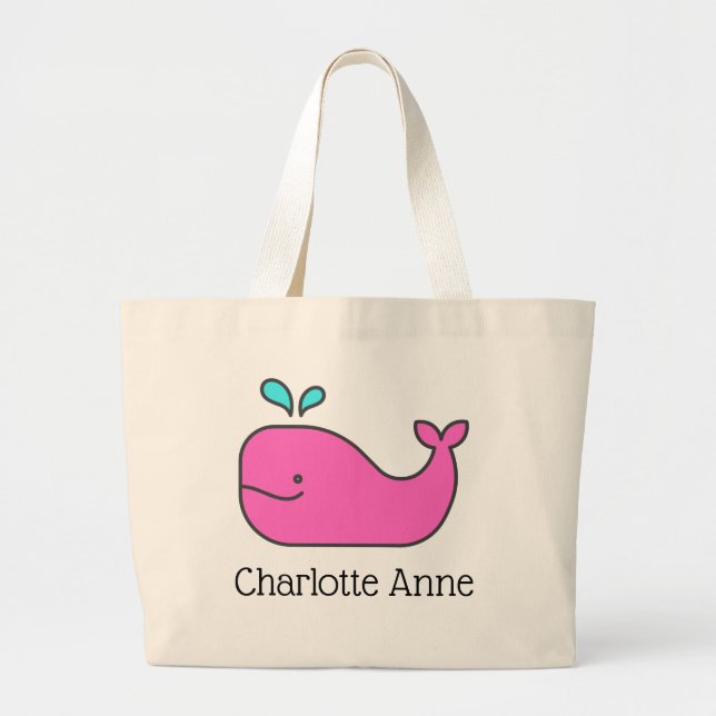 Bolsa Tote Grande Preppy Pink e Aqua Whale Personalizados (Frente)