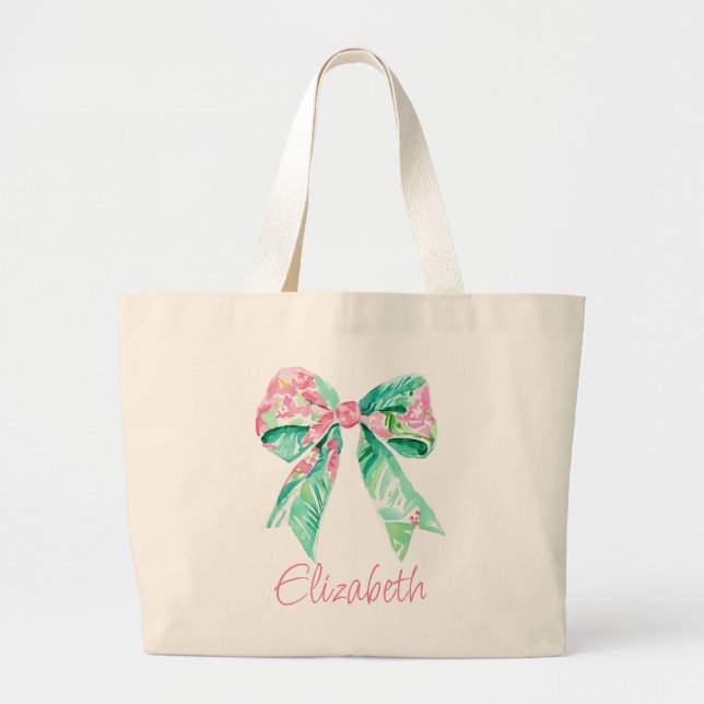 Bolsa Tote Grande Preppy Pink e Turquoise Floral Arcos Personalizado (Frente)