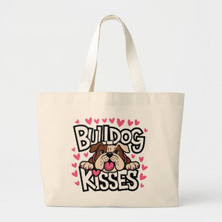 Bolsa Tote Grande Presente de Bulldog Fofo Beijos de Coração Rosa Am