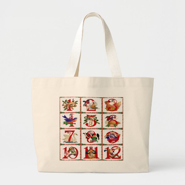 Bolsa Tote Grande Presentes de Quilt Impresso dos 12 Dias de Natal (Frente)