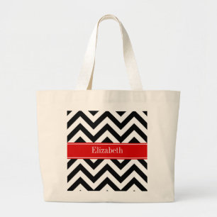 Bolsa Tote Grande Preto Branco LG Chevron Vermelho Nome Monograma