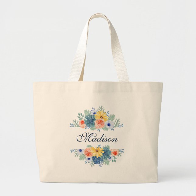 Bolsa Tote Grande Primavera Floral Chic Modern Personalizado Nome (Frente)