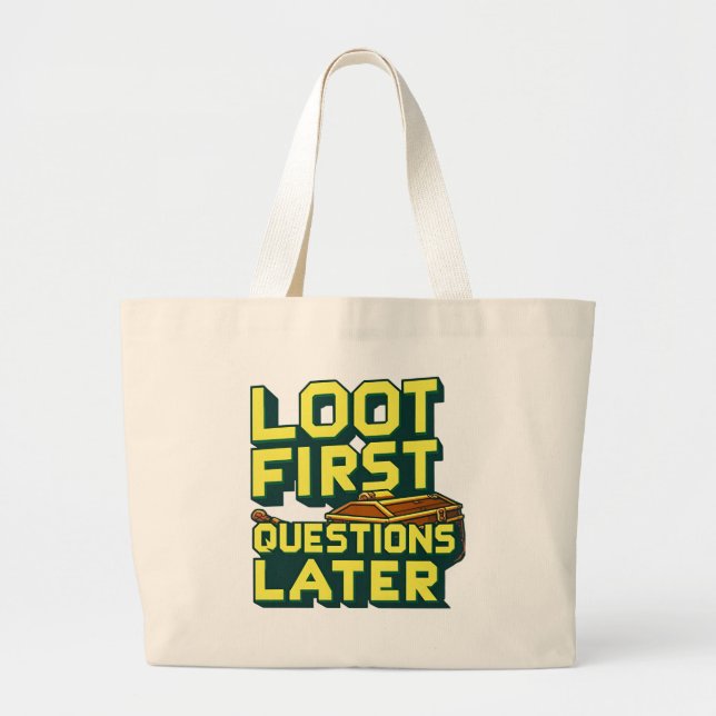 Bolsa Tote Grande Primeiro Loot, Perguntas Mais Tarde - Citando Game (Frente)