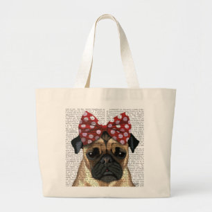 Bolsa Tote Grande Pug com Arco vermelho na cabeça