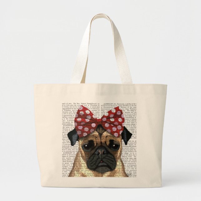 Bolsa Tote Grande Pug com Arco vermelho na cabeça (Frente)