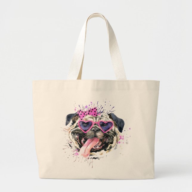 Bolsa Tote Grande Pug de Aquarela Rosa-Rosa (Frente)