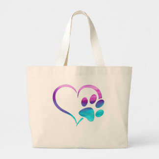 Bolsa Tote Grande Purple Cyan Dog paw Print Heart 