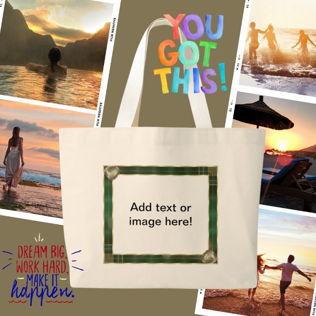 Bolsa Tote Grande Quadro Verde Antiquado Adicionar Sua Cotação Fotog (Green Antique Frame Add Your Photo Here Large Tote Bag)