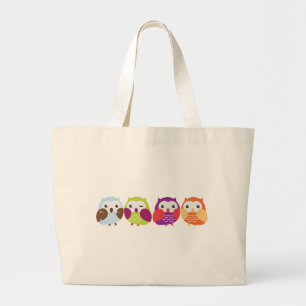 Bolsa Tote Grande Quatro corujas coloridas