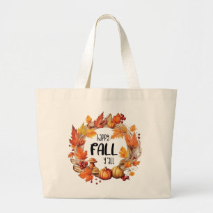 Bolsa Tote Grande Queda Feliz - Pumpkin e Autumn Leaves Wreath