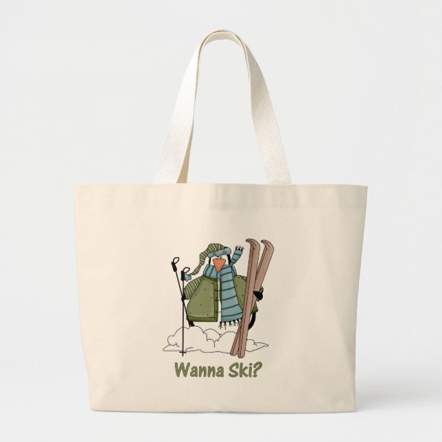 Bolsa Tote Grande Quer Esquiar? Camisetas e presentes de pinguim (Frente)