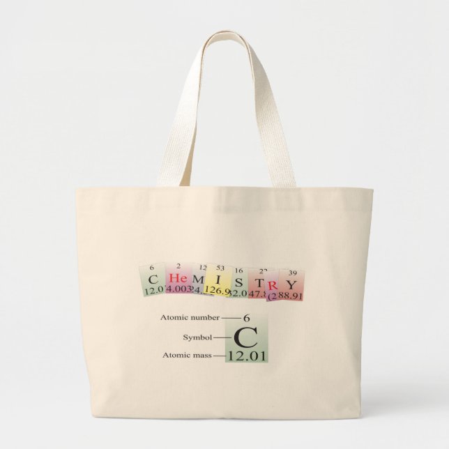 Bolsa Tote Grande Química soletrada com elementos (Frente)