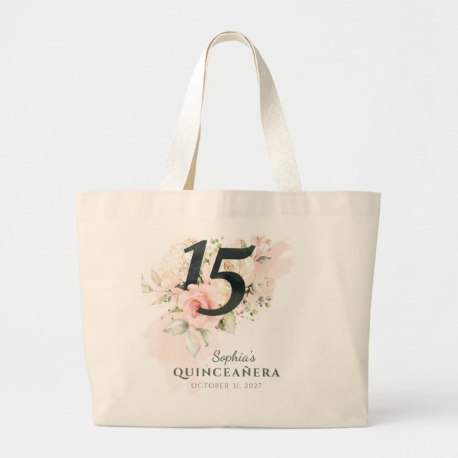 Bolsa Tote Grande Quinceanera Pink Russo Floral 15 de Aniversário (Frente)