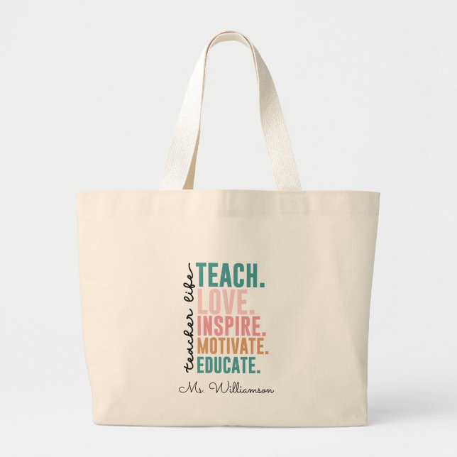 Bolsa Tote Grande Rainbow Teach Love Inspira Apreciação do Professor (Frente)