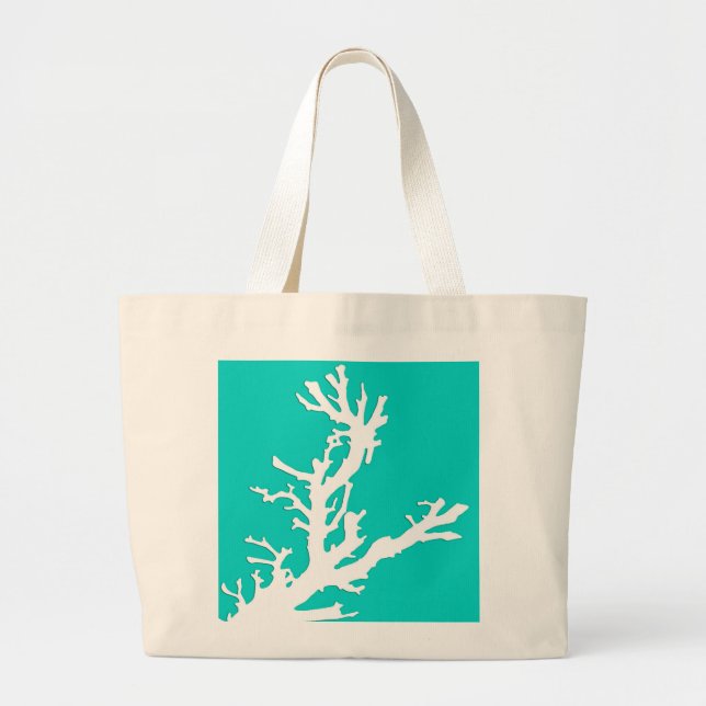 Bolsa Tote Grande Ramal de coral - branco em turquesa (Frente)