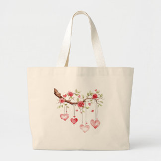 Bolsa Tote Grande Ramo de Rosas Cor-de-Rosa em Aquarela com Corações