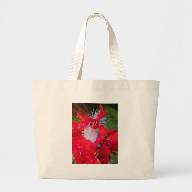 Bolsa Tote Grande Red Petal Feather Art Impressão (Frente)
