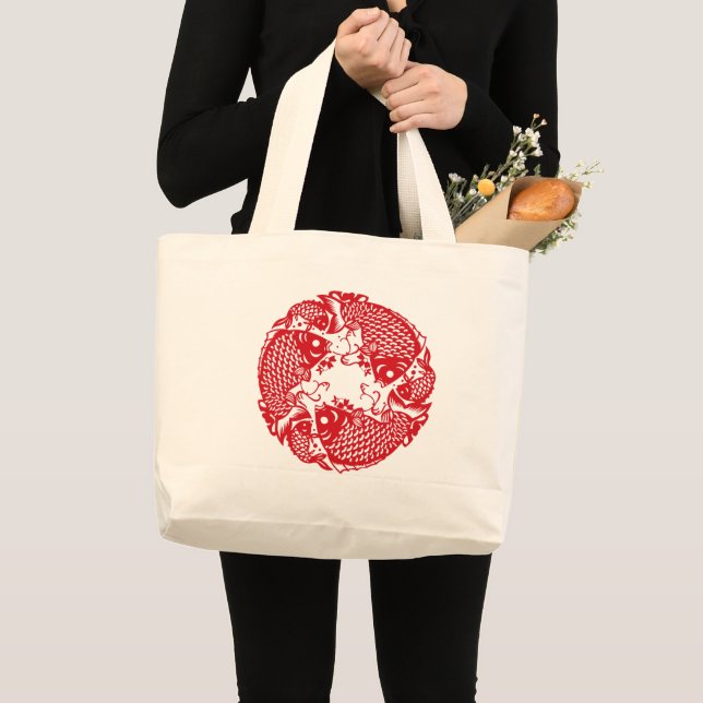 Bolsa Tote Grande Red Whirling Koi Carp Fish Group LTB (Frente (produto))