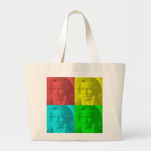 Bolsa Tote Grande Retrato De Beethoven Em Quadrados (Frente)