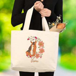 Bolsa Tote Grande Retrato de Cavalo com Grinalda Floral Brilhante