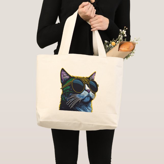 Bolsa Tote Grande Retro Cat: Charme dos Óculos Amarelos (Frente (produto))