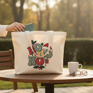 Bolsa Tote Grande Retro Ho Ho Ho Natal Holly Santa Hat
