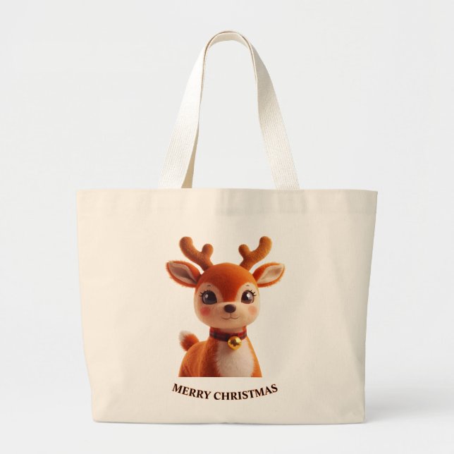 Bolsa Tote Grande Retro Plush Reindeer Christmas Art (Frente)