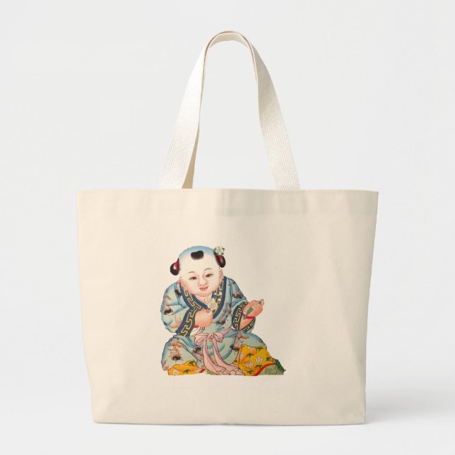 Bolsa Tote Grande Rindo da Boa Sorte da Arte Budista Asiática (Frente)