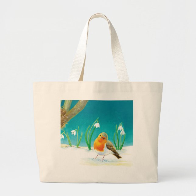 Bolsa Tote Grande Robin Bird, neve e quedas de neve Ilustração (Frente)