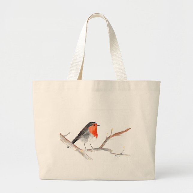 Bolsa Tote Grande Robin Watercolor Pássaro de Natal (Frente)