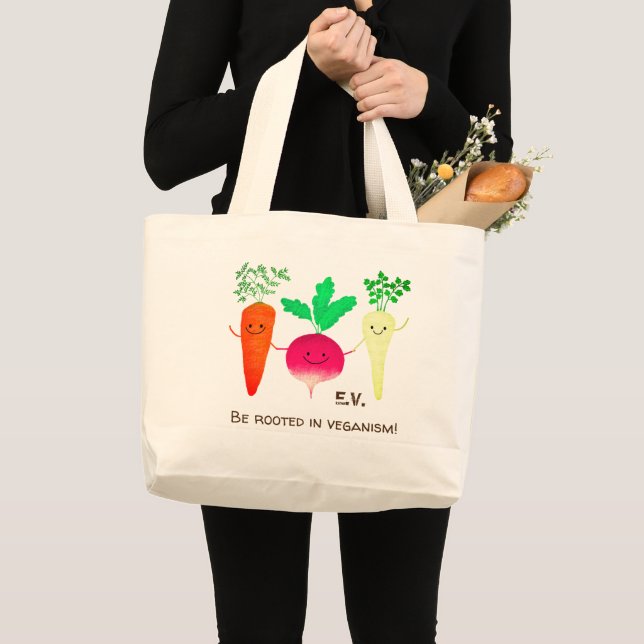 Bolsa Tote Grande Root Vegetables Pun - Seja enraizado no Veganismo (Frente (produto))